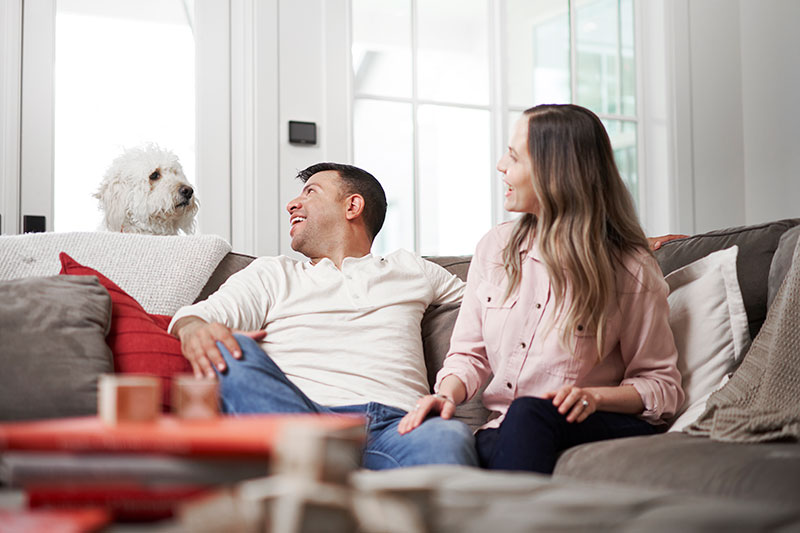 Lennox_Merit_brand_day_35442-couple-dog-2038 Couple smiling at their dog that's popped up behind the couch